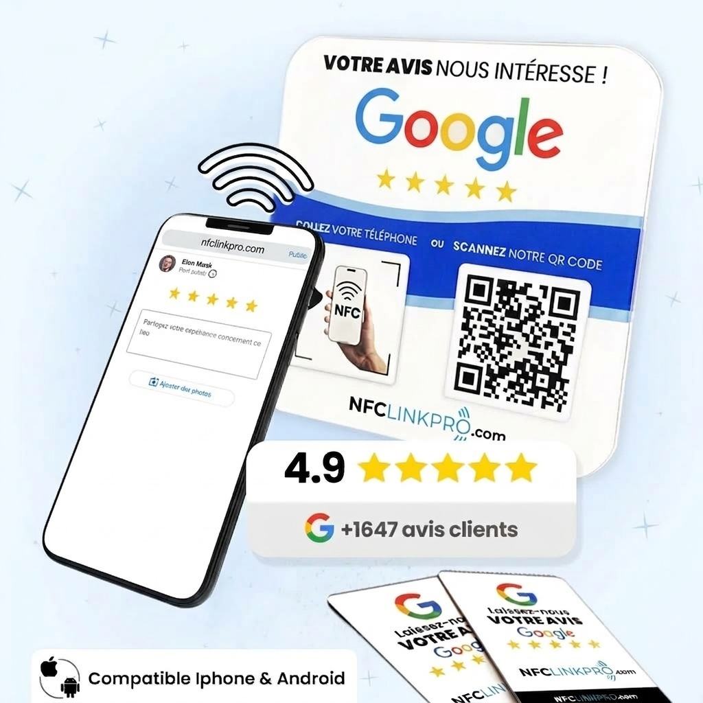 Carte NFC avis Google et plaque NFC de NFC LINK PRO, prêtes à collecter un avis en un tap