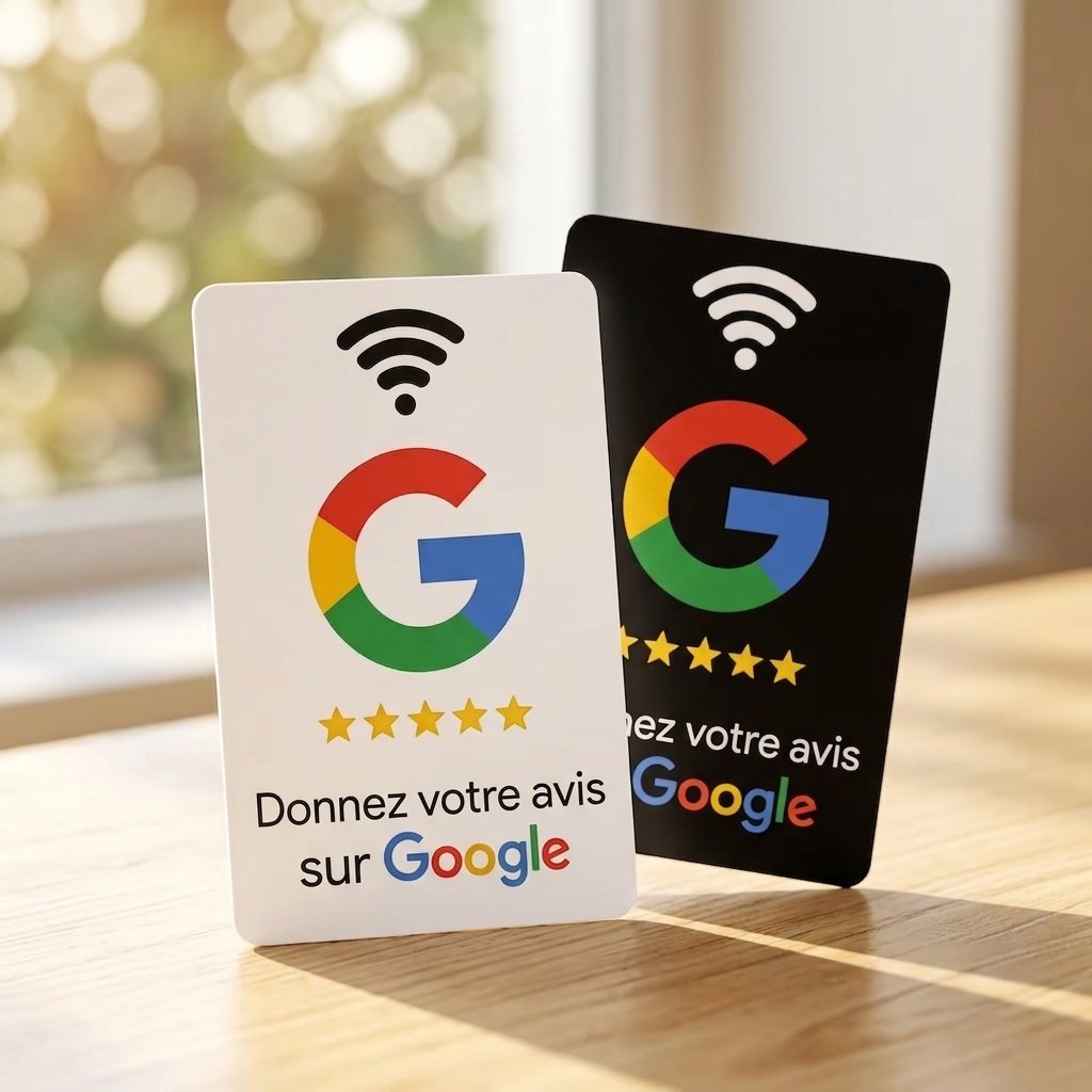 Carte NFC avis Google en PVC au format bancaire : puce NFC au recto et QR code au verso