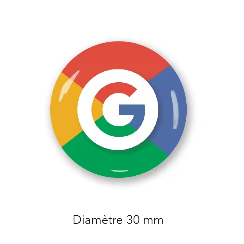 TAG NFC avis Google rond bombé Ø 30 mm au design quadri Google, adhésif au dos